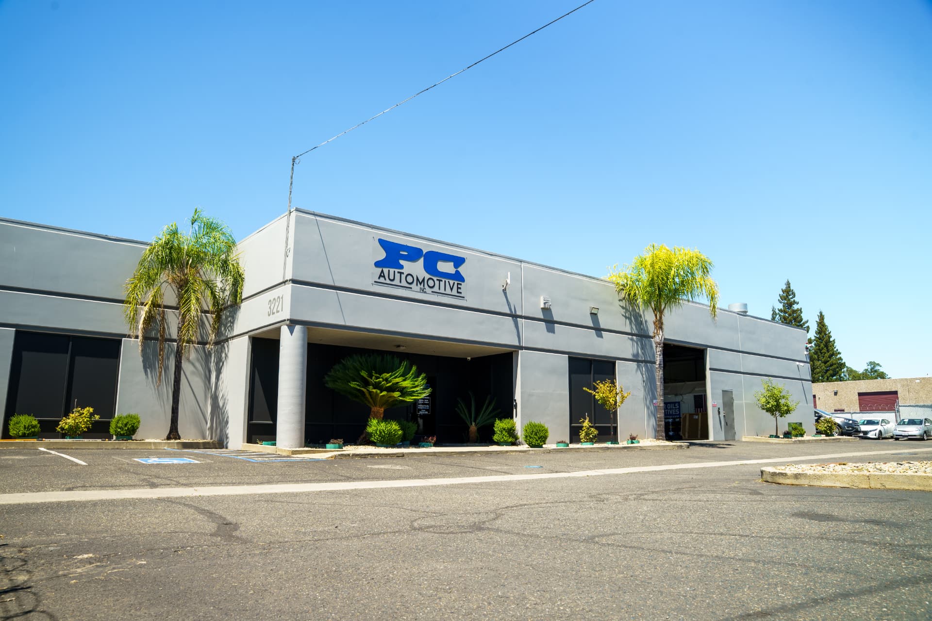 Exterior view of the PC Automotive building and parking lot