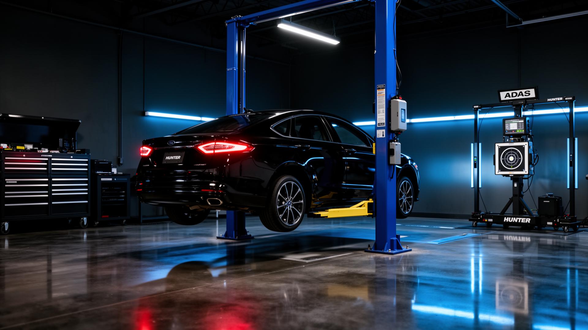 PC Automotive shop floor with a sedan on a hydraulic lift